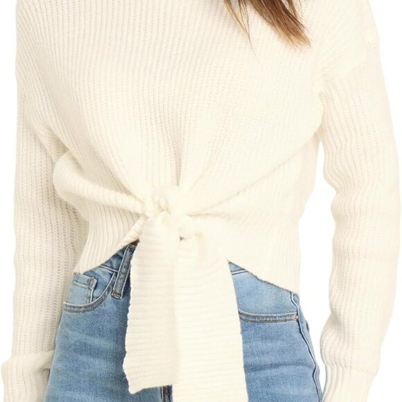 Women's Long Sleeve Cropped Sweaters Casual Knit Pullover Tie Front Crew Neck Fa - Picture 1 of 8